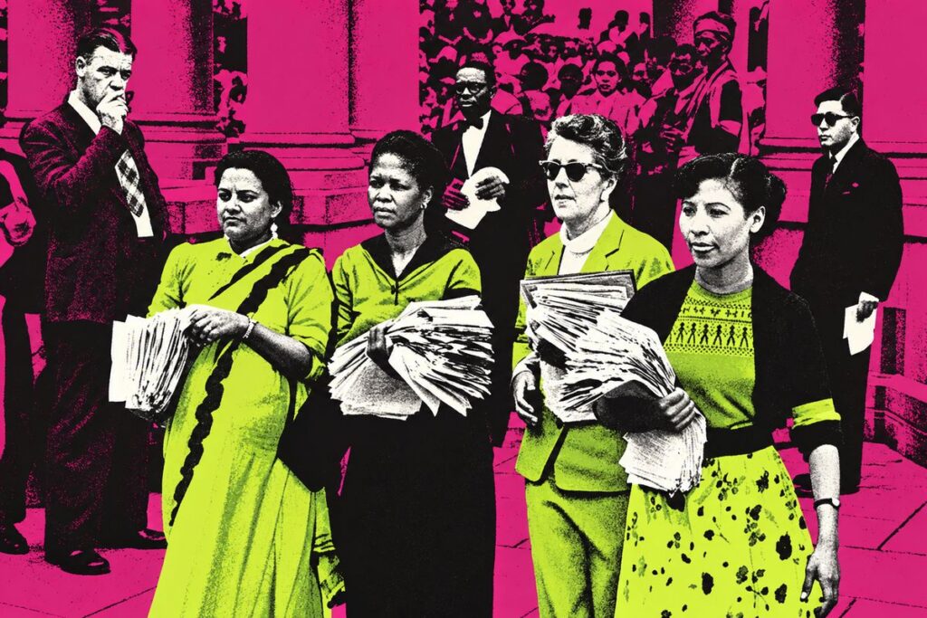 Archival-style collage of women activists marching